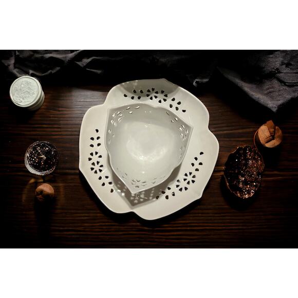 Japanese White Porcelain Cutout Bowl & Saucer Set-17pc-Pier 1 Lotus Accent Plate - Picture 4 of 10